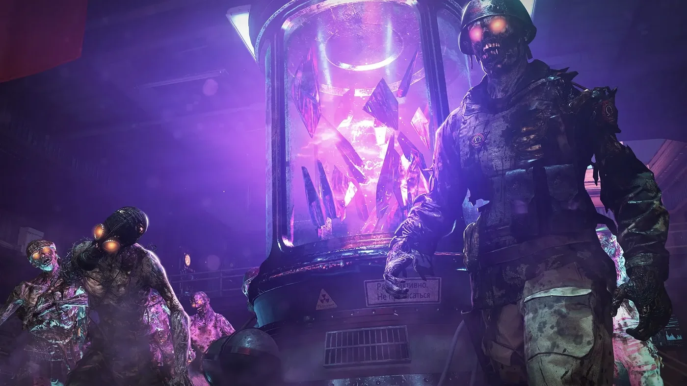 An Aether Reactor glowing purple, with zombies around it, promotional image, Firebase Z, Call of Duty Black Ops Cold War Zombies