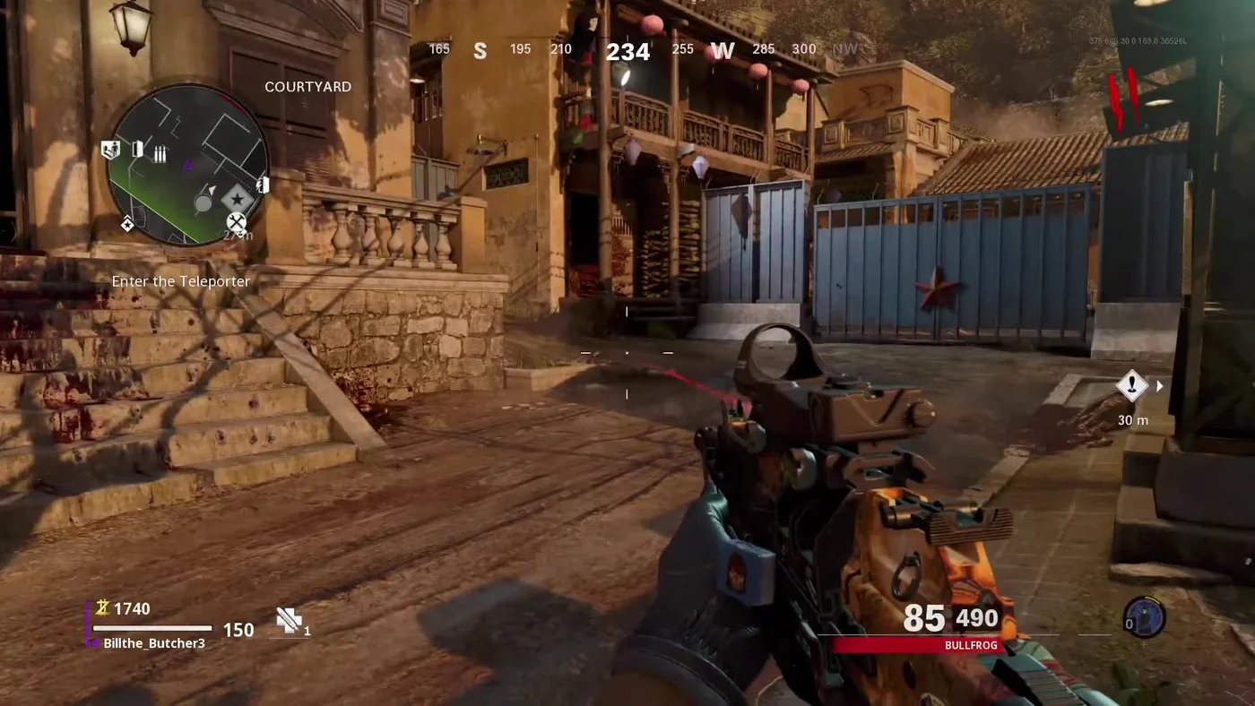 The village courtyard at the start of a game, with the stone stairs and the blue metal gate marked with a red star that stays shut, Firebase Z, Call of Duty Black Ops Cold War Zombies