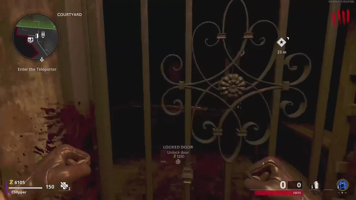 The iron gate of the Equipment Storage with its 1250 price prompt, in a corner of the Courtyard, Firebase Z, Call of Duty Black Ops Cold War Zombies