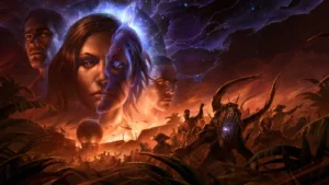 Key art of Firebase Z: the face of Samantha Maxis split by the Dark Aether, a Mimic and the horde in the burning jungle around the dome of Outpost 25, Firebase Z, Call of Duty Black Ops Cold War Zombies