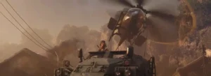 Raptor-1 flying over Ravenov's armored vehicle outside the village, ending cutscene, Firebase Z, Call of Duty Black Ops Cold War Zombies