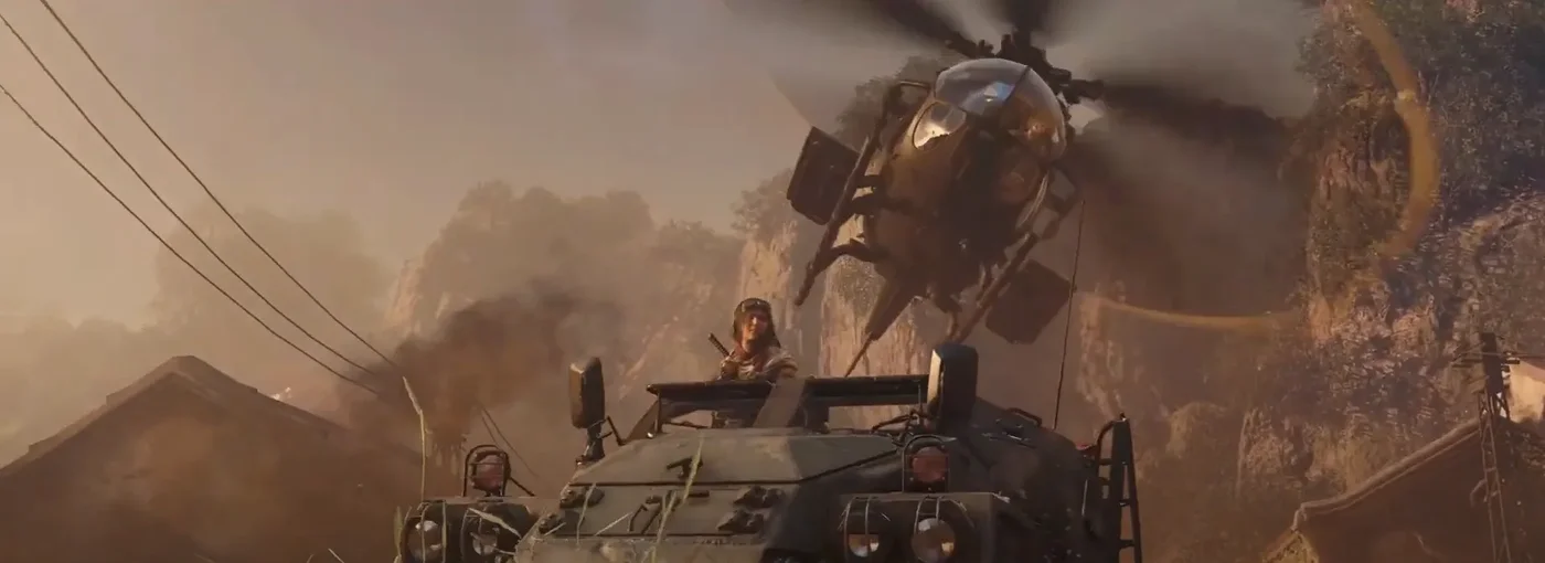 Raptor-1 flying over Ravenov's armored vehicle outside the village, ending cutscene, Firebase Z, Call of Duty Black Ops Cold War Zombies