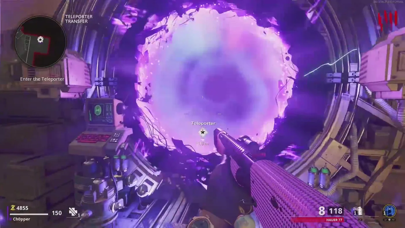 The teleporter of the village, a purple vortex in a metal ring, Teleporter Transfer, Firebase Z, Call of Duty Black Ops Cold War Zombies