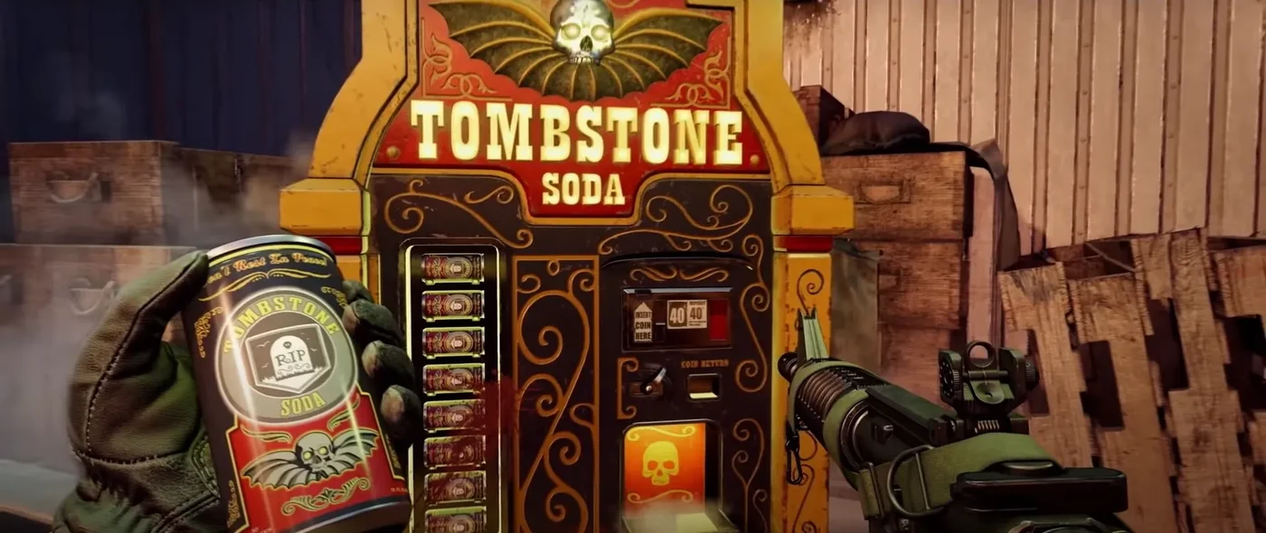A can of Tombstone Soda held in front of its machine, Firebase Z trailer, Firebase Z, Call of Duty Black Ops Cold War Zombies