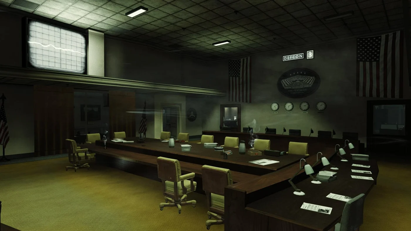 The conference room, the starting room of Five, with its long meeting table, Call of Duty Black Ops Zombies