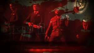 Kennedy, McNamara, Castro and Nixon armed under a DEFCON 1 sign, Five loading screen, Call of Duty Black Ops Zombies