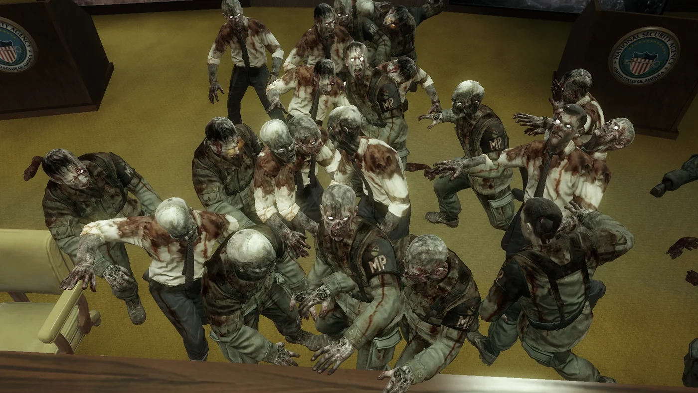 A horde of zombies crossing the conference table in Five, Call of Duty Black Ops Zombies