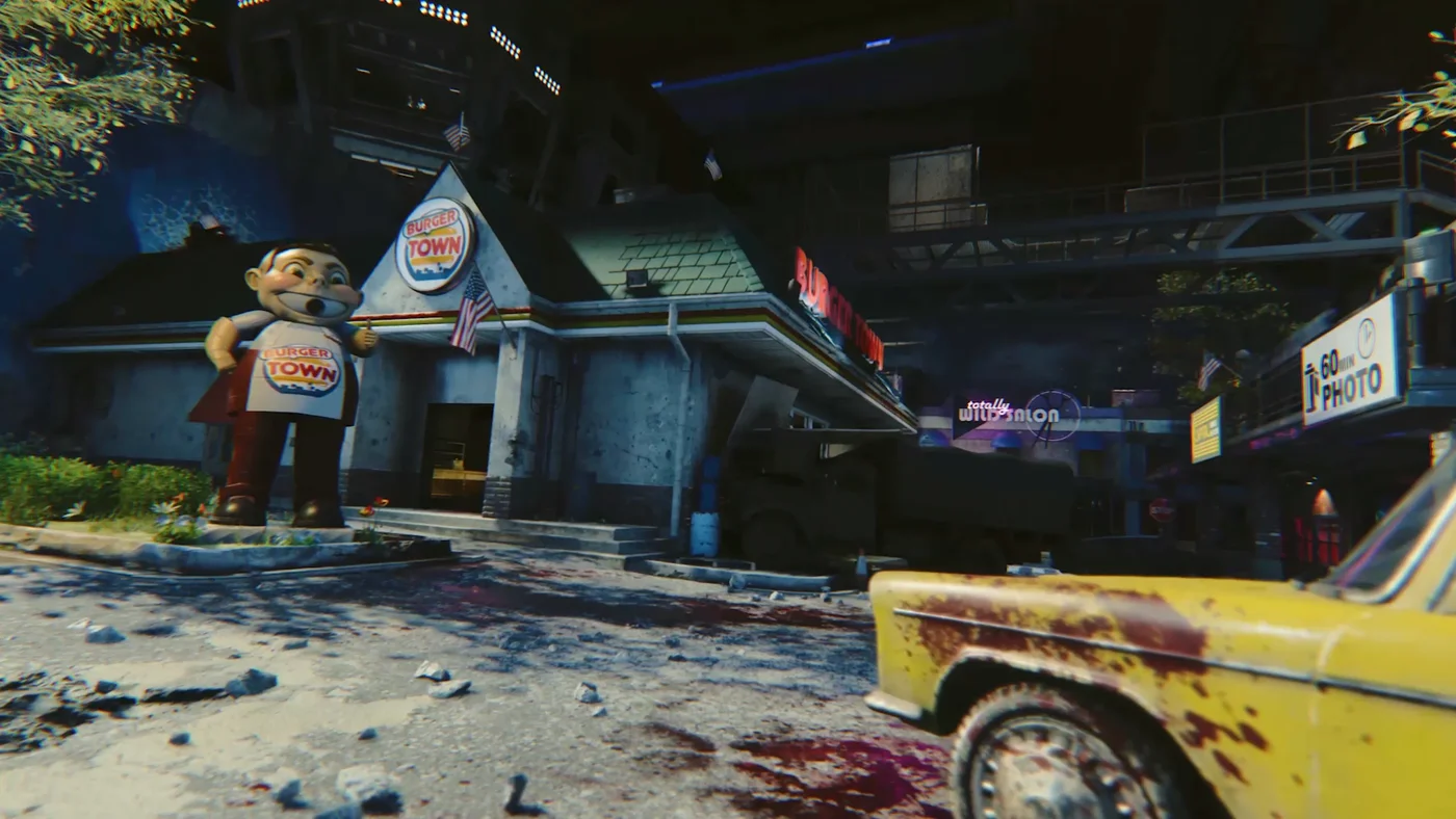 Burger Town in Anytown, with the Bubby statue in front of the restaurant and a yellow taxi, Forsaken, Call of Duty Black Ops Cold War Zombies