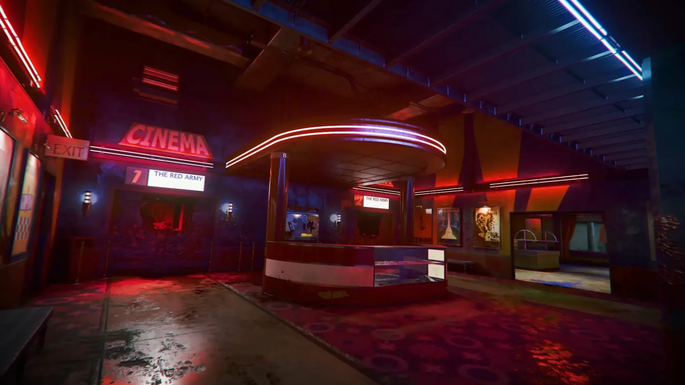 The red neon lobby of the Cinema in Anytown, with its ticket booth, Forsaken, Call of Duty Black Ops Cold War Zombies