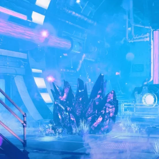 A giant Aetherium Crystal in the blue-lit Amplifier, Forsaken, Call of Duty Black Ops Cold War Zombies