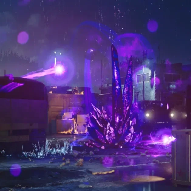 A giant purple Aetherium Crystal circled by orbs, in the Staging Area, Forsaken, Call of Duty Black Ops Cold War Zombies