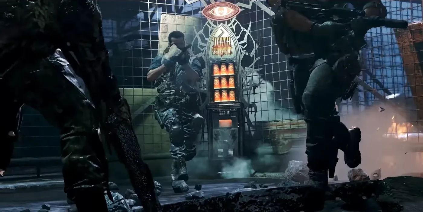 The Death Perception machine with its glowing eye, between two Operators, Forsaken trailer, Forsaken, Call of Duty Black Ops Cold War Zombies