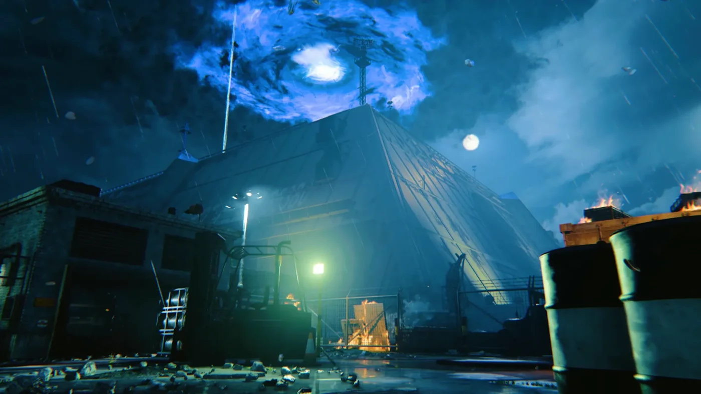 The pyramid of the Omega facility under a storm with a glowing eye in the clouds, Forsaken, Call of Duty Black Ops Cold War Zombies