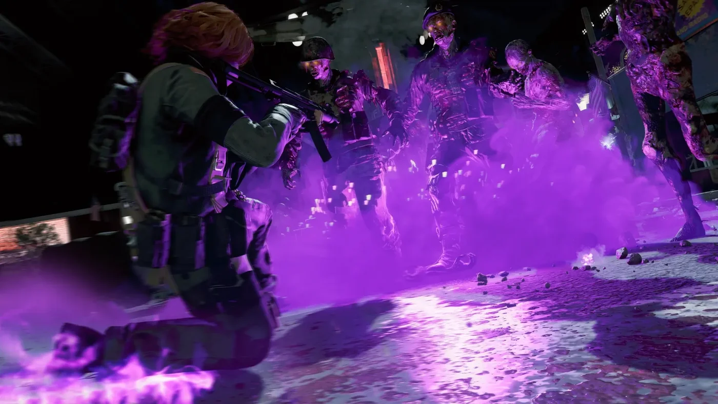 An Operator landing in an explosion of purple fire, PhD Slider, Forsaken promotional image, Forsaken, Call of Duty Black Ops Cold War Zombies