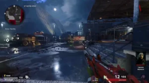 The Staging Area at night, a wet lot with army trucks under the storm and the pyramid of the facility behind, Forsaken, Call of Duty Black Ops Cold War Zombies
