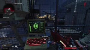 The console of the teleporter, with a green screen and a red keyboard, in the Staging Area, Forsaken, Call of Duty Black Ops Cold War Zombies