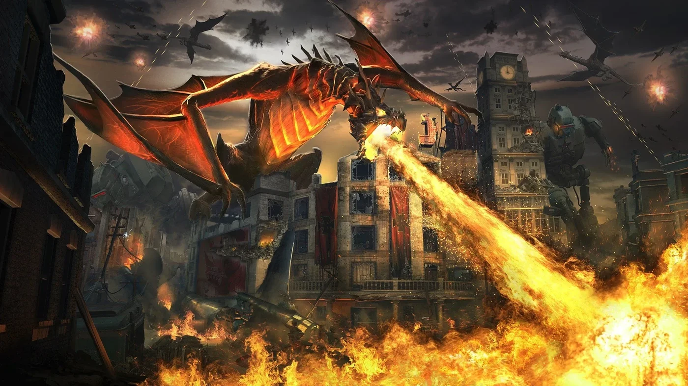 A red dragon setting a Stalingrad street on fire, promotional art, Gorod Krovi, Call of Duty Black Ops III Zombies