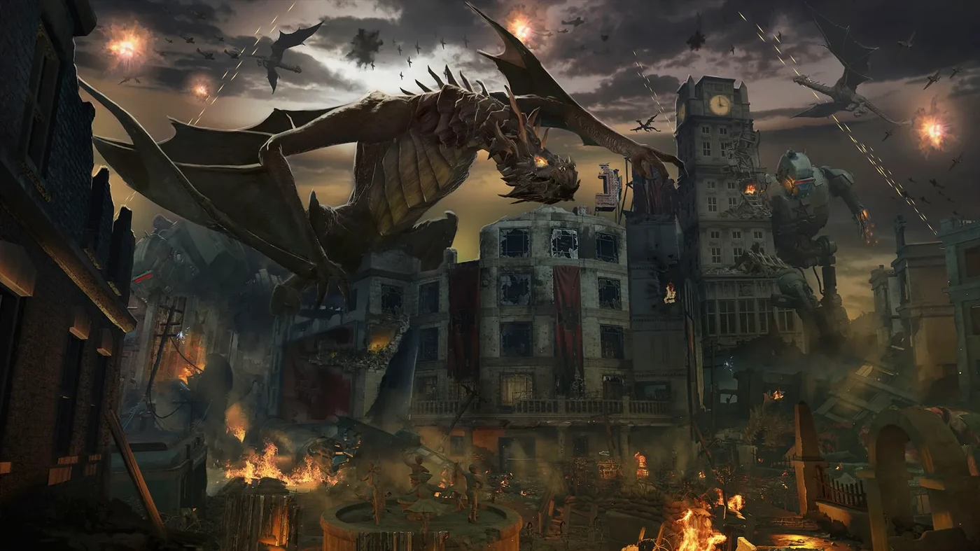 A dragon flying over the burning ruins of Stalingrad, promotional art, Gorod Krovi, Call of Duty Black Ops III Zombies