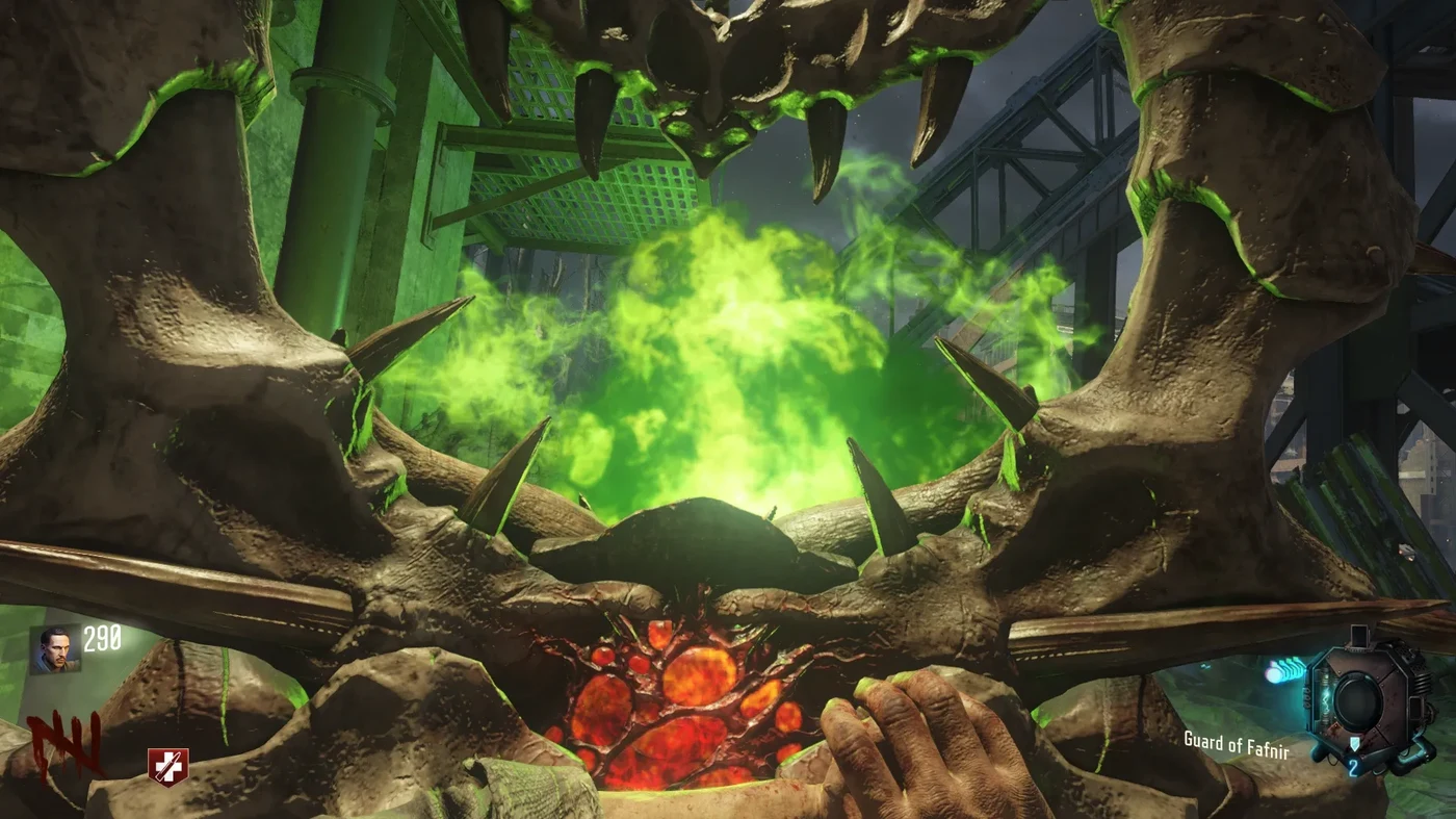 The Guard of Fafnir firing a green fireball, first-person view, Gorod Krovi, Call of Duty Black Ops III Zombies