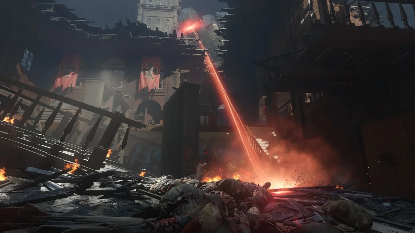 The red beam of the Gigant Eye Beam trap in the Supply Depot, Gorod Krovi, Call of Duty Black Ops III Zombies
