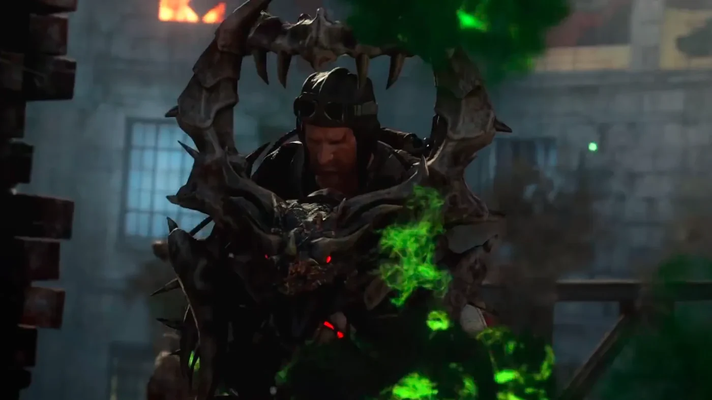 A player holding the Guard of Fafnir, its dragon jaws around the body, Gorod Krovi, Call of Duty Black Ops III Zombies