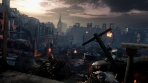 Ruined Stalingrad buildings and a fallen dragon seen from the street, Gorod Krovi, Call of Duty Black Ops III Zombies