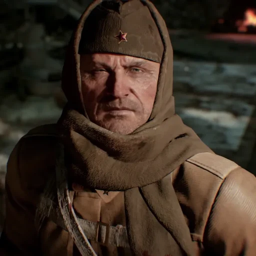 The original Nikolai Belinski in a Red Army cap and scarf, intro cinematic, Gorod Krovi, Call of Duty Black Ops III Zombies