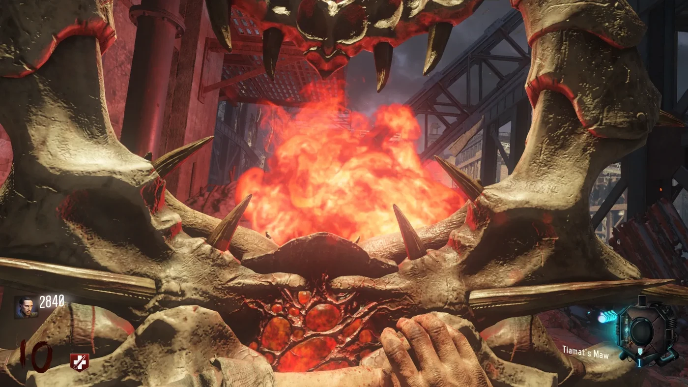 The Tiamat's Maw firing a red fireball, first-person view, Gorod Krovi, Call of Duty Black Ops III Zombies