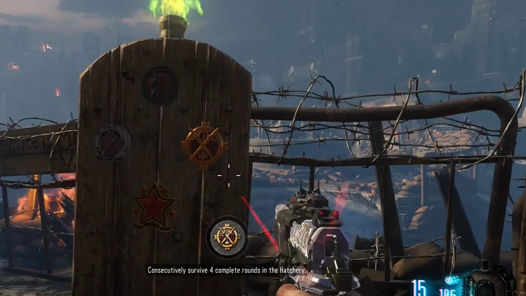 A Trials tombstone with its four symbols and a green flame in Belinski Square, Gorod Krovi, Call of Duty Black Ops III Zombies