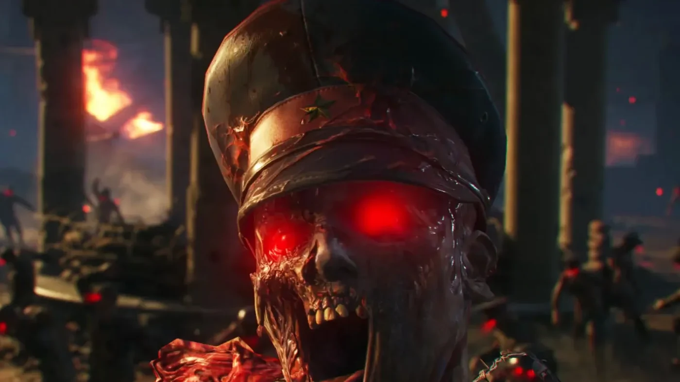 A zombie with glowing red eyes in an army cap, promotional screenshot, Gorod Krovi, Call of Duty Black Ops III Zombies