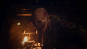 Loading screen of the map, a zombie lunging out of the dark in front of the burning fireplace, Gröesten Haus, Call of Duty WWII Zombies