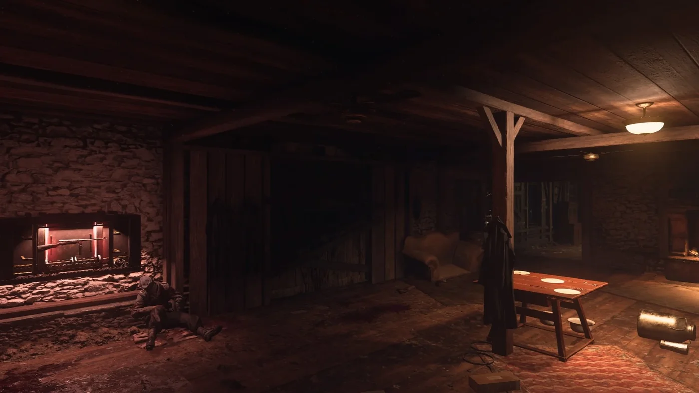 The ground floor of the farmhouse at the spawn, with the lit MP-40 weapon locker in the stone wall on the left and a table on the right, Gröesten Haus, Call of Duty WWII Zombies