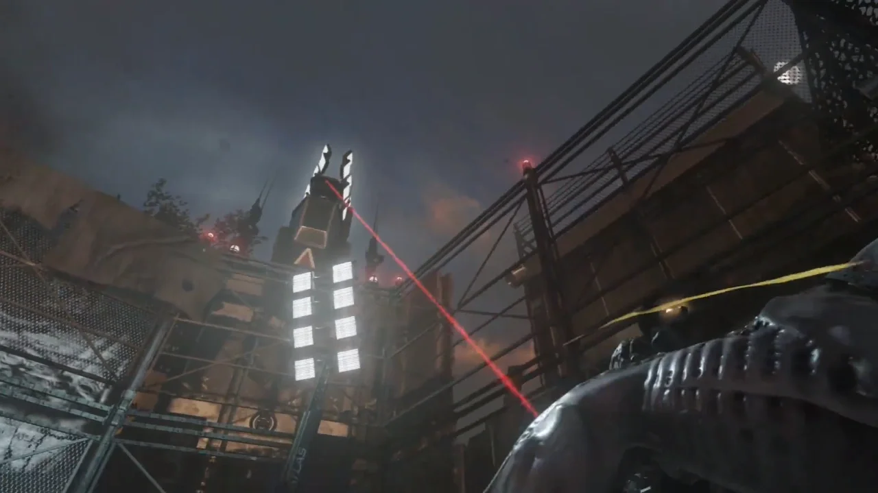 An Automated Sniper turret on its tower, aiming its red laser, Infection, Call of Duty Advanced Warfare Zombies