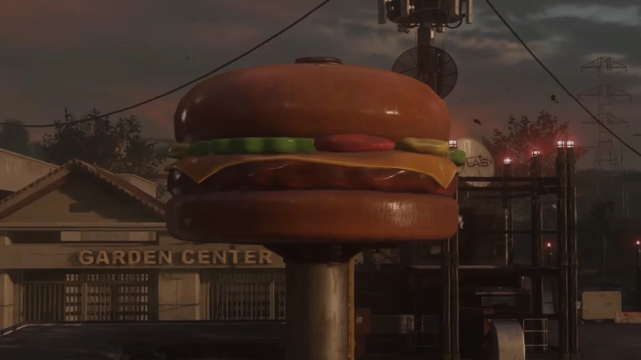 The giant burger sign over the entrance of Burger Town, Infection, Call of Duty Advanced Warfare Zombies