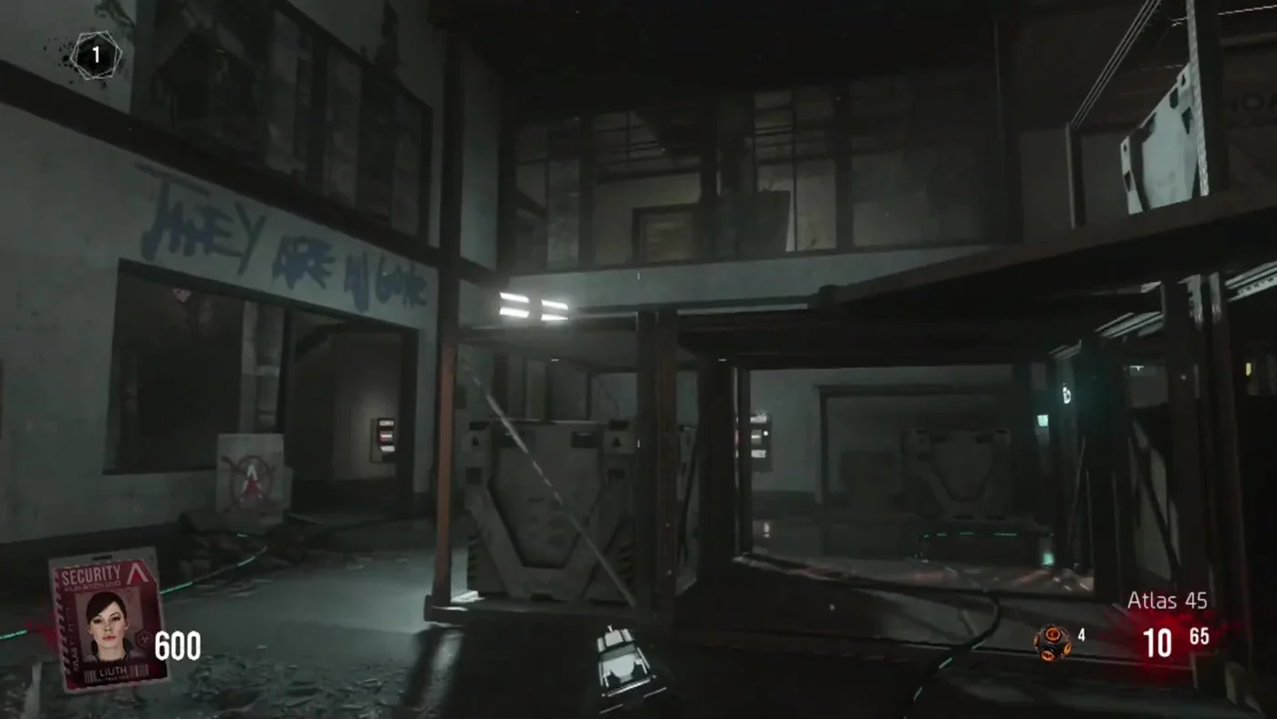 Inside Hoard More, the storage warehouse where every game starts, with its mezzanine and the graffiti "They are all gone", Infection, Call of Duty Advanced Warfare Zombies