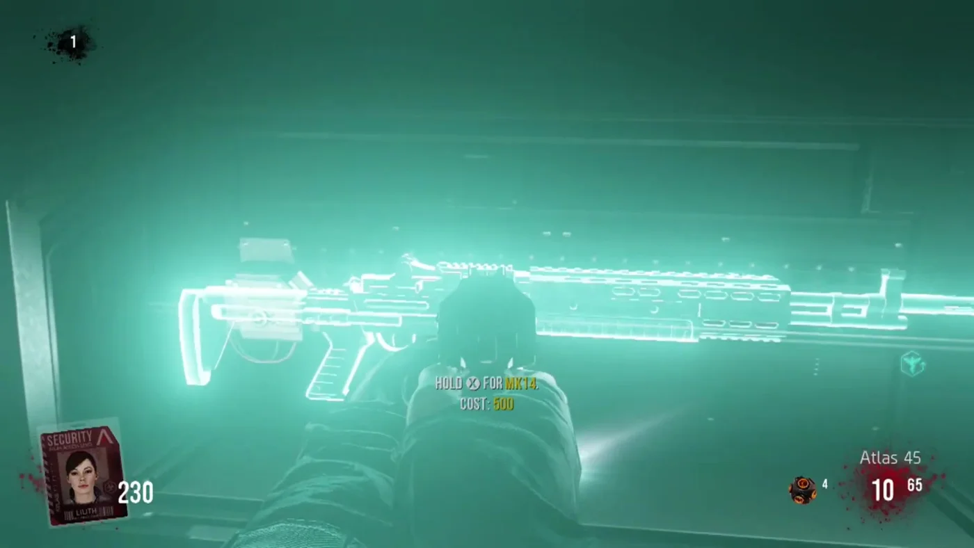 The MK14 wall buy glowing in its case, with the prompt "Hold for MK14, Cost: 500", Infection, Call of Duty Advanced Warfare Zombies