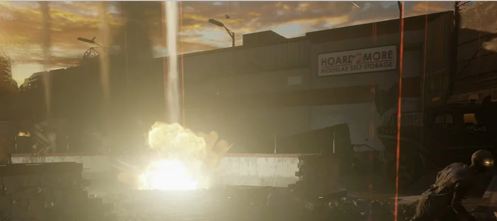 An Orbital Strike missile exploding in front of the Hoard More sign, Infection, Call of Duty Advanced Warfare Zombies