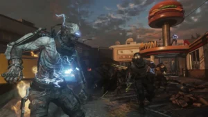 Promotional art of the zombies of Infection, an EMZ in front of Burger Town, Infection, Call of Duty Advanced Warfare Zombies