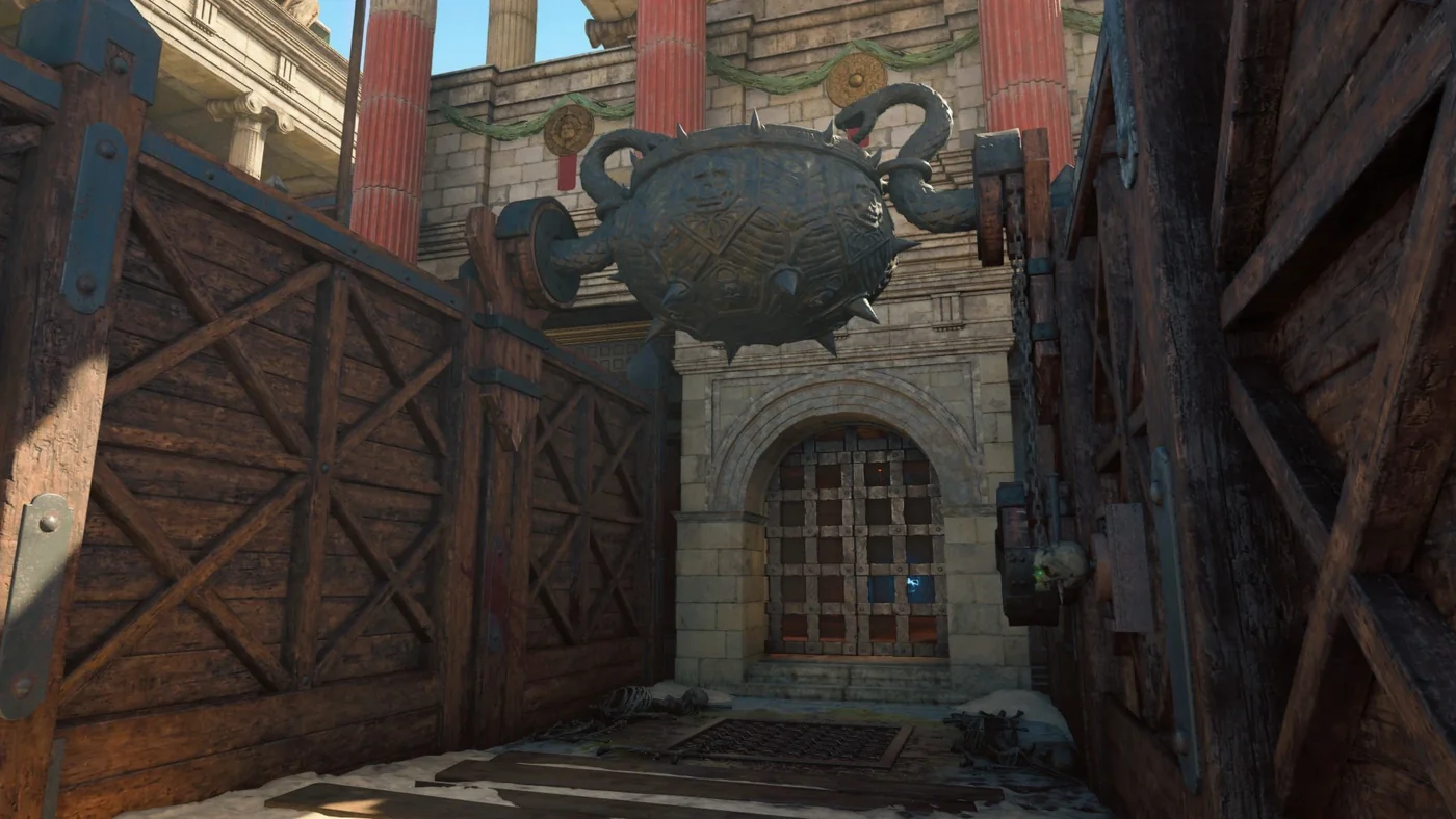 The Acid Trap built in front of a tower entrance, a cauldron hanging over a grate, IX, Call of Duty Black Ops 4 Zombies