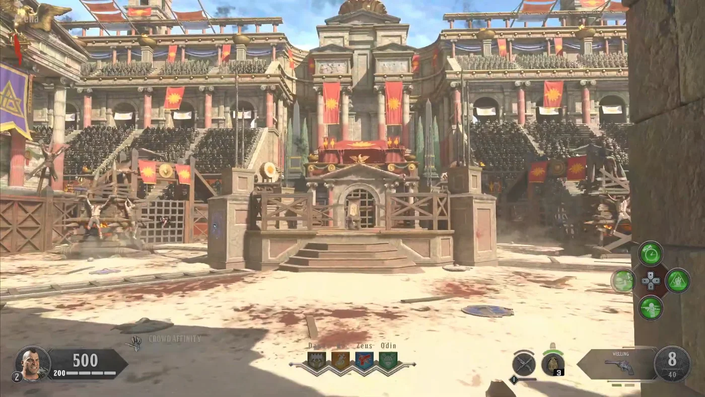 The sand of the Arena seen from the mouth of the starting tunnel, with the temples and the stands full of spectators behind, IX, Call of Duty Black Ops 4 Zombies