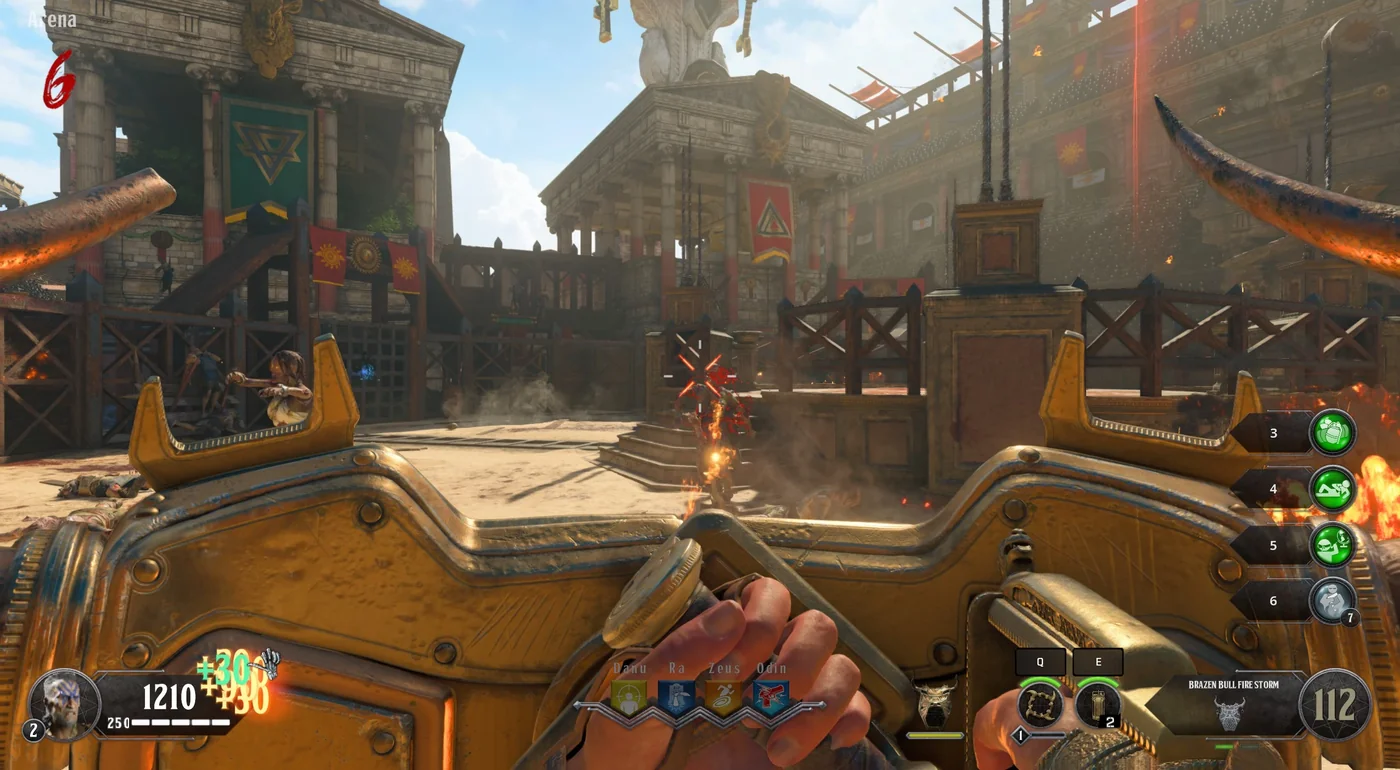 First-person view of the Brazen Bull firing from the nose of the bull in the Arena, IX, Call of Duty Black Ops 4 Zombies