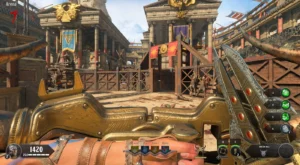 First-person view of the Brazen Bull held up in the Arena, the bull head and the katar in hand, IX, Call of Duty Black Ops 4 Zombies