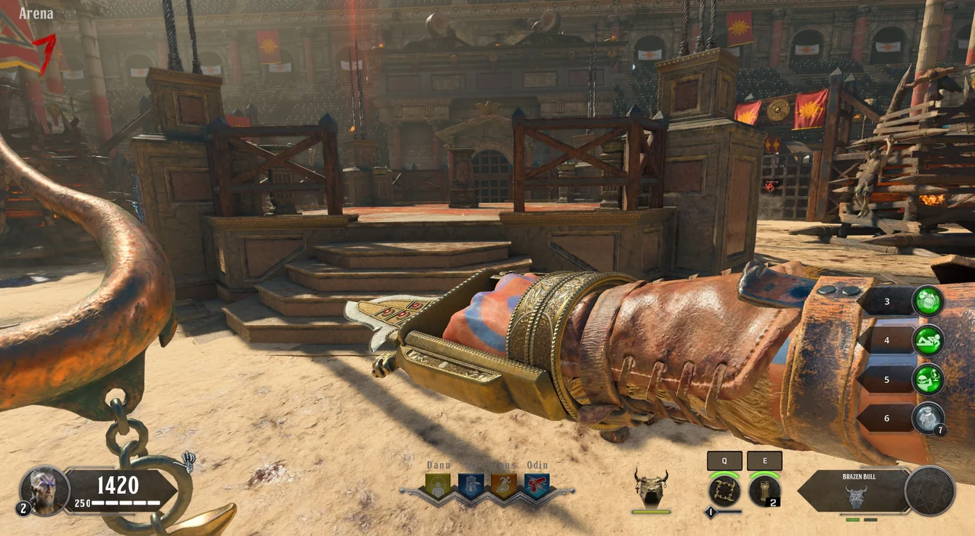 First-person view of the Brazen Bull swinging its katar in the Arena, IX, Call of Duty Black Ops 4 Zombies