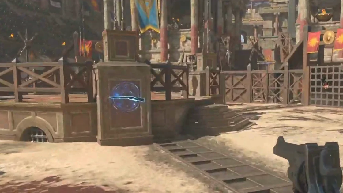 The chalk outline of the Essex Model 07 on a stone pedestal in the Arena, near the Danu Tower entrance, IX, Call of Duty Black Ops 4 Zombies