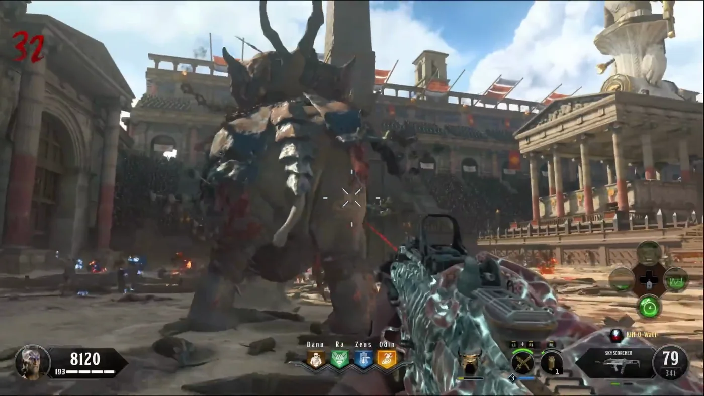 Fury, the first zombified war elephant, in armor in the Arena during the final battle, IX, Call of Duty Black Ops 4 Zombies