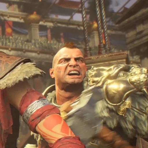 Bruno Delacroix in a lion pelt, shouting, in the Arena in the intro cinematic, IX, Call of Duty Black Ops 4 Zombies