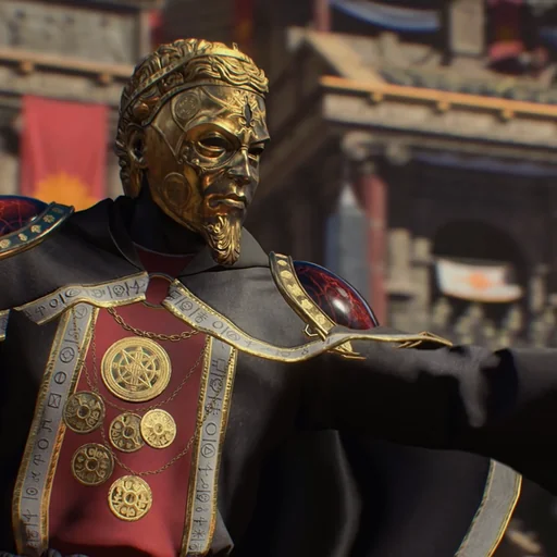 The High Priest of Chaos in his golden mask, pointing across the Arena, IX, Call of Duty Black Ops 4 Zombies