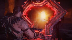 Diego Necalli in front of the glowing red frame of the Pack-a-Punch Altar, IX, Call of Duty Black Ops 4 Zombies
