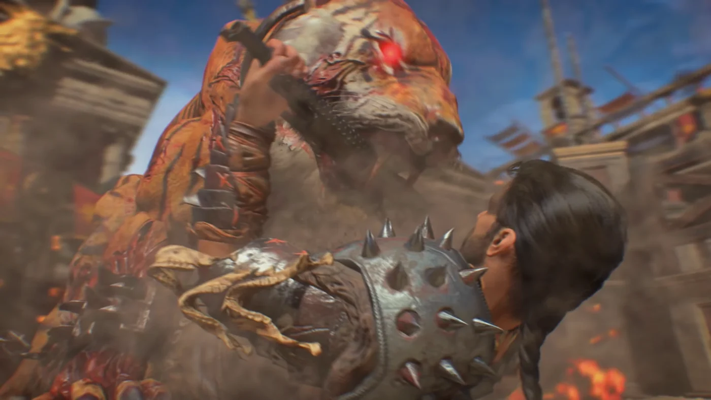 A Zombie Tiger with red eyes pouncing on Diego Necalli, IX, Call of Duty Black Ops 4 Zombies