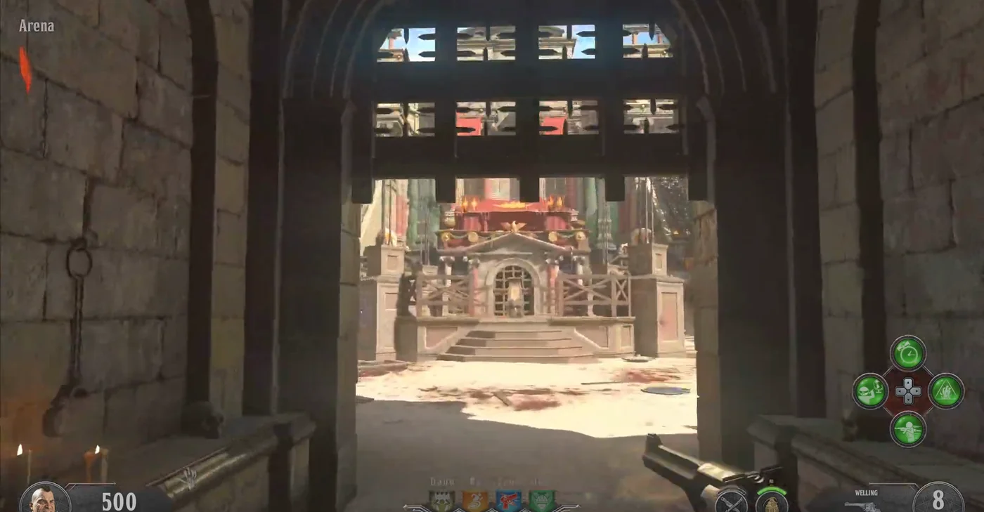 The starting tunnel under the stands, its portcullis raised on the sunlit Arena, IX, Call of Duty Black Ops 4 Zombies